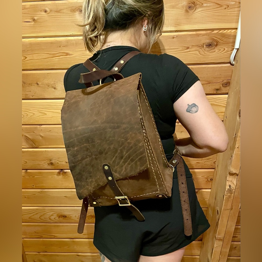 Handmade buffalo leather backpack with real brass hardware